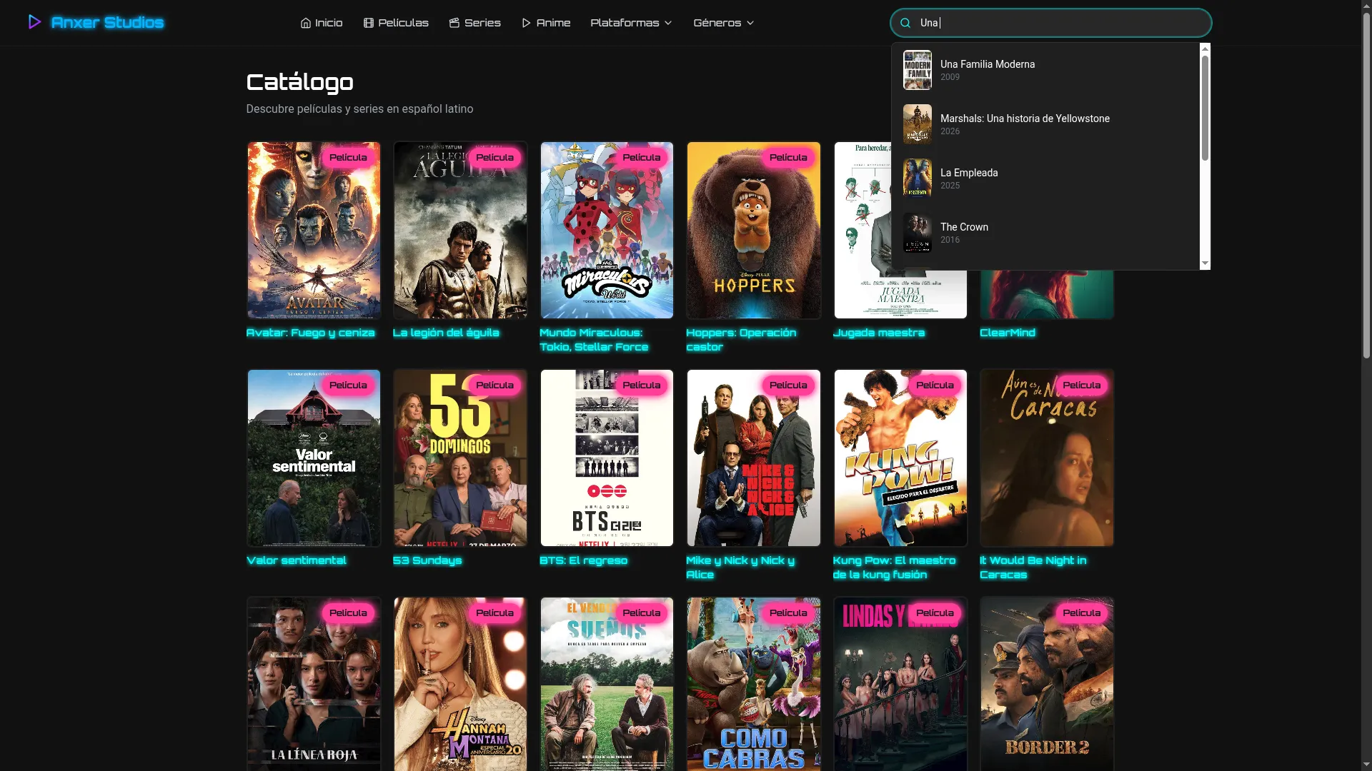 Vista del catálogo de Anxer Studios mostrando películas, series y anime