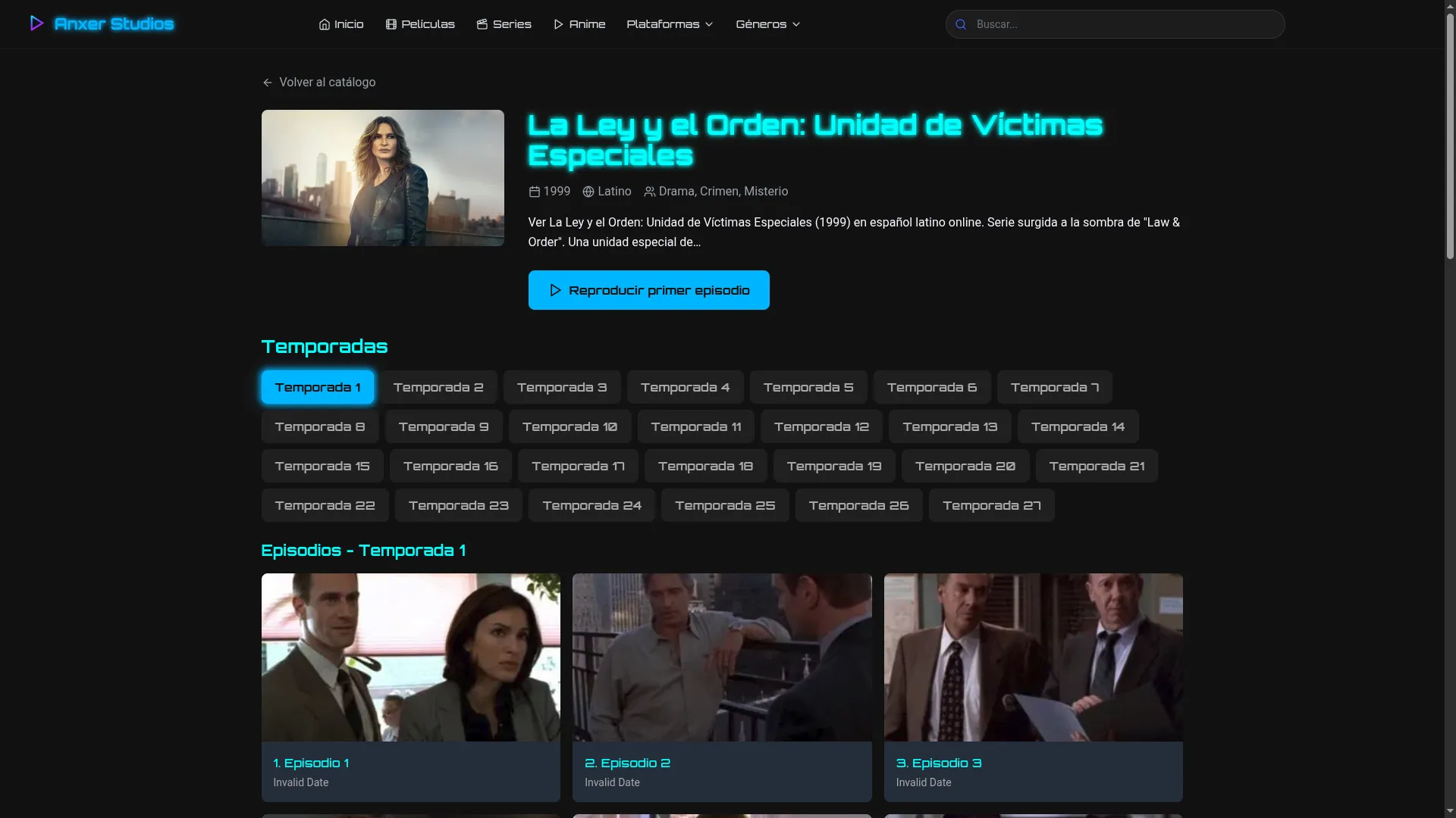 Página de detalle de una película en Anxer Studios